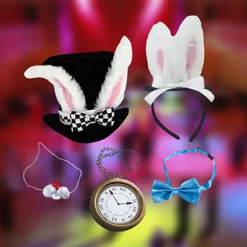 Baltojo Triušio Kostiumas Rinkinys 5vnt Išgalvotas Suknelė, Lankelis Top Hat Bunny Dress up Pocket Watch Cosplay Suaugusiųjų Helovinas
