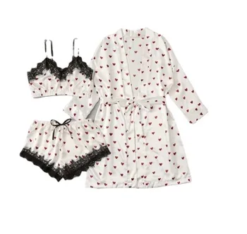 2023 Mados Nauja Seksuali Pižama Trijų dalių Padalinti naktiniai drabužiai Širdies Spausdinti Homewear Lace V-kaklo Miego Suknelė Moterų Petnešos Skraiste