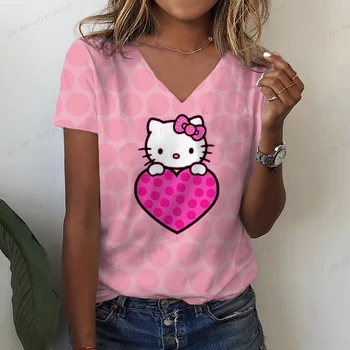 2023 Naujas Vasaros Moterų Hello Kitty 3D Print T Shirt Gatvės Atsitiktinis Palaidų T Shirt Ladies V Kaklo Animacinių filmų Print T Shirt Viršų
