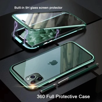 360 Visas Apsaugos Metalo Magnetinių Atveju iPhone 15 14 13 12 11 Pro X XR XS Max 7 8 SE Dvipusis Stiklo Adsorbcijos Dangtis