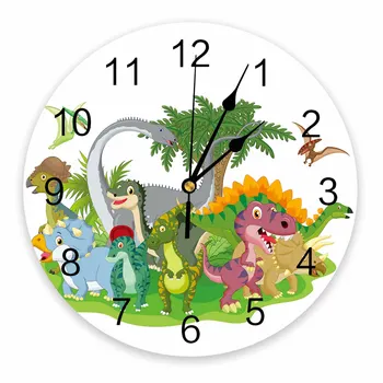 Animacinių Filmų Dinozaurų Baltas Dekoratyvinis Apvalus Sieninis Laikrodis Arabiškais Skaitmenimis Dizainas Ne Tiksi Sieninis Laikrodis Dideli Miegamieji Vonios Kambarys