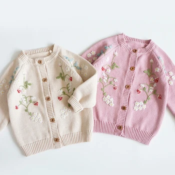 Baby Girl Princesė Megztinis Gėlių Siuvinėjimas Braškių Cardigan Megztiniai Kūdikiams, Vaikiška Vaiko Megztinis Apranga, Rudens Megztiniai Megztinis