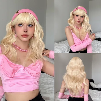 Blonde Golden Ilgai Banguoti Sintetinis Perukas su Kirpčiukais Cosplay Lolita Natūralių Plaukų Perukas Moterų Palaidi Banguoti Plaukai Karščiui Atsparus Pluoštas