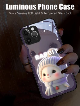 Cute Bunny LED Šviesos Žėrintis Šviesos Grūdintas Stiklas Atgal, Telefono dėklas skirtas iPhone 11 12 13 14 15 X X X X X Xs Xr Mini Pro Max Plius Padengti