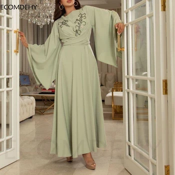 Elegantiškas Aukštos Kaklo Šampano Dubajus Vakaro suknelės ilgomis rankovėmis Vakare chalatai Vestidos elegantes Abiye Promenadzie suknelė Plius dydis