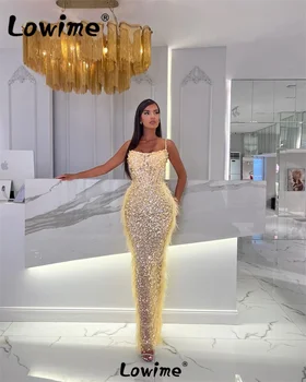 Geltonos Spalvos Blizgančiais Puošnios Suknelės, Šaliai, 2023 Haute Couture Perlai Kutas Plunksnų Arabų Vakarinę Suknelę Tiesiai Raudonas Kilimas Prom Dress