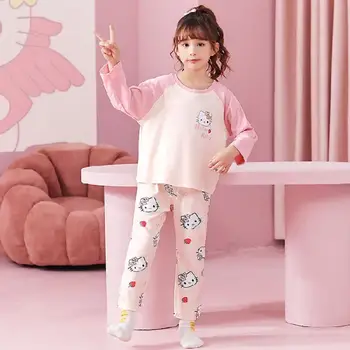 Hello Kitty Medvilnės Pavasarį, Rudenį, Vaikai Ilgomis Rankovėmis Marškinėlius Kelnės Kombinezonas Plonas Atsitiktinis Berniukų Pižama Mergaitėms Homewear Sleepwear Drabužiai