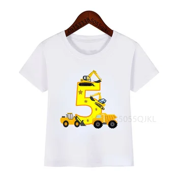 Karšto pardavimo sprogimo modeliai vaikams ekskavatorių gaisro sunkvežimių, buldozerių statybinės numeris T-marškinėliai berniukui, mergina, mielas, T-shirt