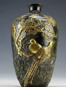 Kinijos Derliaus Rinkimo Bronzinės Statulos Aukso apkalos Gėlių, Paukščių Vaza 20cm