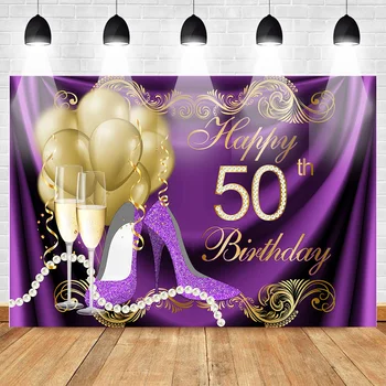 Laimingas 50-mečio Fone Aukso Balionai Violetinė Kulniukai Fotografijos Fone Blizgučiai Pearl Šampano 50-mečio Backdrops