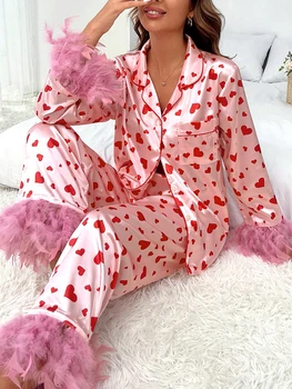 Moteriški Satino Pajama Komplektai Plunksnų Apdaila ilgomis Rankovėmis Mygtuką Žemyn Marškiniai ir Kelnės 2 Gabalas Sleepwear Loungewear