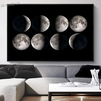 Mėnulio Plakatas Juoda ir Balta Mėnulio Formos Keitimas Drobės Painitng Gamtos Kraštovaizdžio, Wall Paveikslų Šiuolaikinio Namų Dekoro