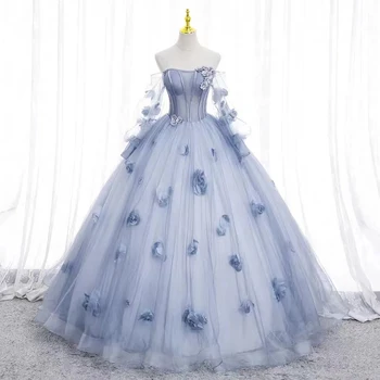 Naujas 3D Gėlės Quinceanera Suknelę Tiulio Brangioji ilgomis Rankovėmis Grindų Ilgis Kamuolys Suknelė Pornos De 15 Años Prom Šalies Vestidos 2023