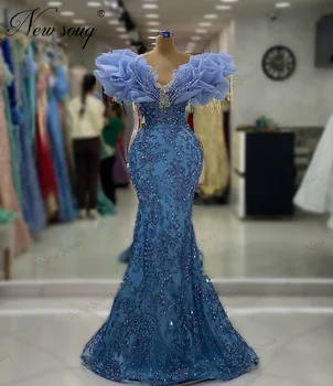 Naujas Mados Mėlyna Puošnios Vakarinės Suknelės Ruffles Kaklo Ilgai Undinė Moterų Promenadzie Suknelė 2023 Dubajus Kristalai Šalis Suknelės Vestuvėms