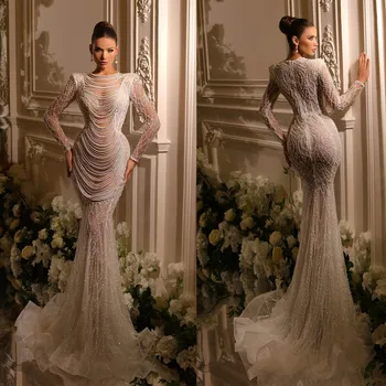 Prabangus Perlų Undinė Vestuvių Suknelė Blizgančių Blizgančiais Duobute Ilgomis Rankovėmis Vestuvinės Suknelės 2023 Iliuzija Puošnios Nuotakos Suknelės