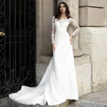 Vien Kaklo Nėrinių Vestuvių Suknelės su ilgomis Rankovėmis Derliaus Aplikacijos Kuriems Mygtukai Atgal Vestuvinės Suknelės 2023