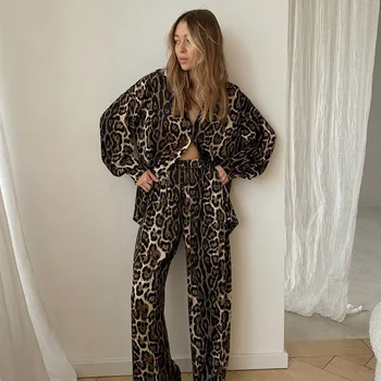 Womne ' s Leopard Print Long Sleeve Pavasarį, Rudenį Aukšto Juosmens Ponios Namų Drabužius su Ziajać Vieną Krūtinėmis Sleepwear Moterų