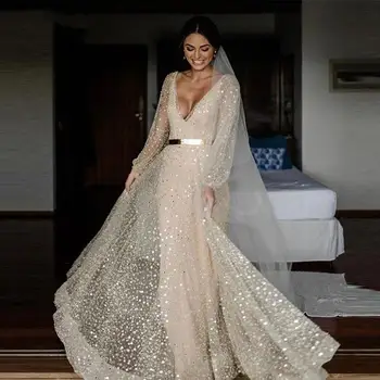 Šampanas Blizgučiai Iš Dviejų Dalių, Vestuvių Suknelės Su Deatachable Kailis Aukso Varčios 2023 Sluoksniuotos Ilgomis Rankovėmis V-Kaklo Nuotakos Suknelės